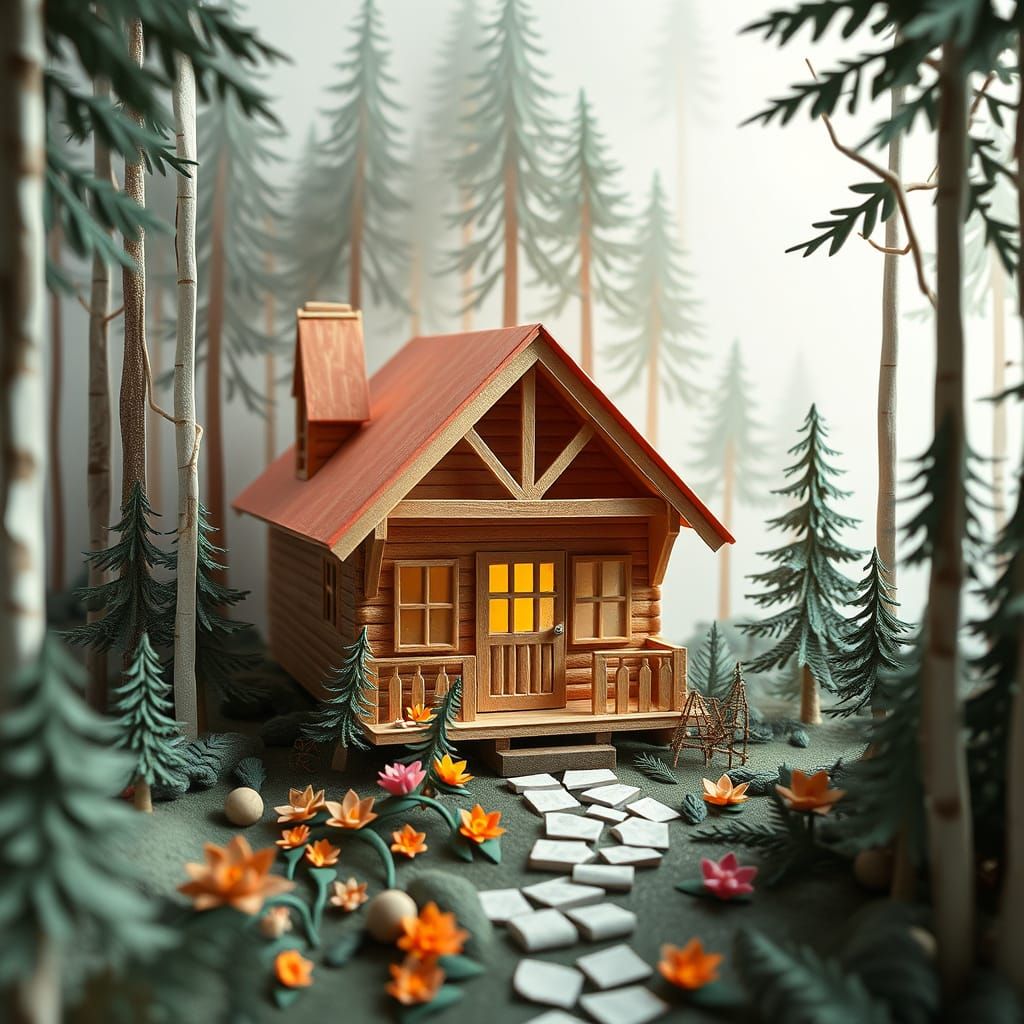 Origami Cabin in Woods Papercraft Style