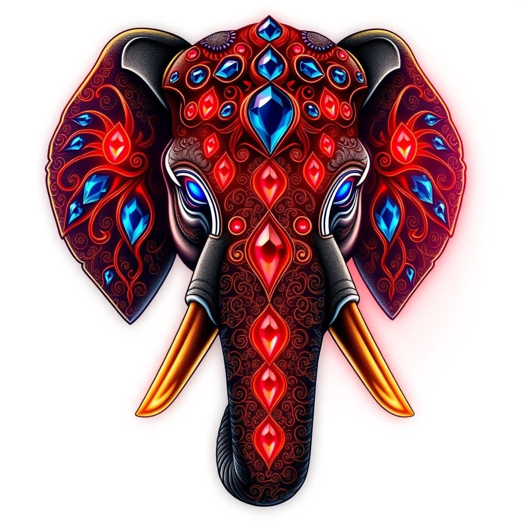 Majestic Elephant Head in Zen Tattoo Art Style with Gemstone...