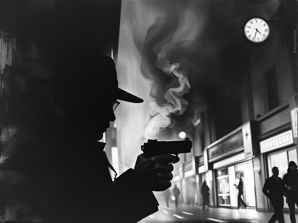 Spy with Gun in Atmospheric Street: Chiaroscuro Style