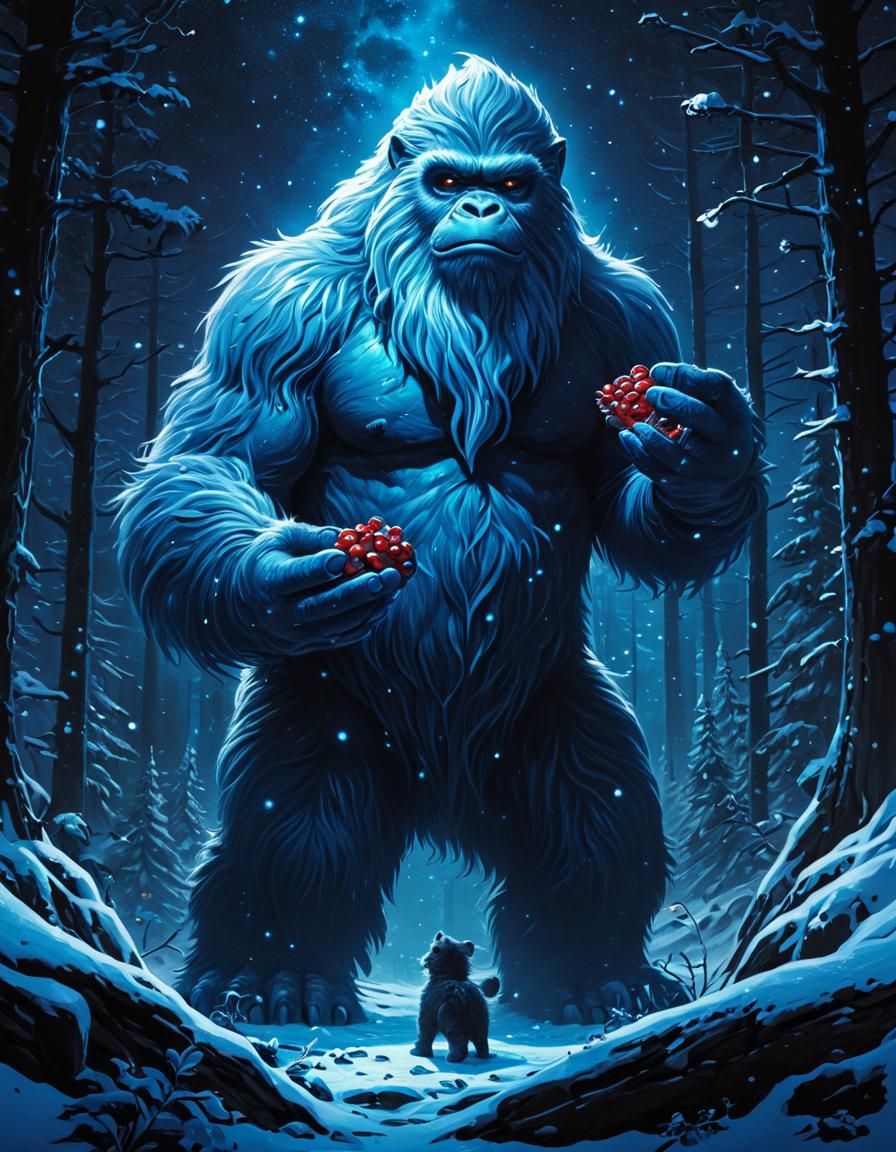 Magical Bioluminescent Yeti Scene in a Snowy Mountain