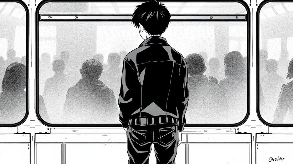 Boy Contemplates Rainy Day in Mysterious Black and White Man...