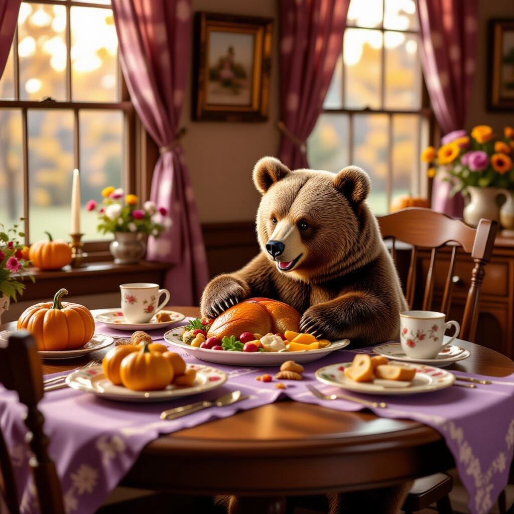 Cute Bear Enjoys Thanksgiving Feast in Warm Room