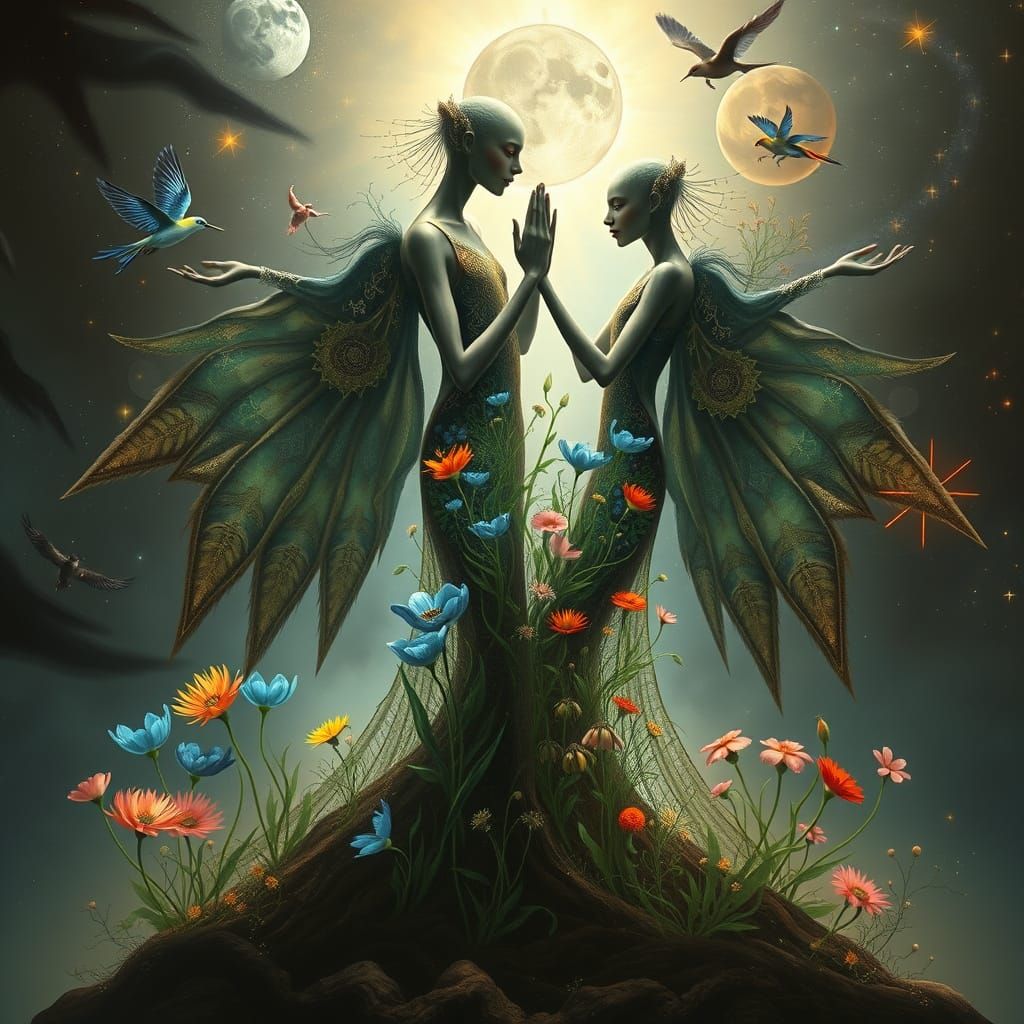 Ethereal Cosmic Dancers in Mystical Surrealist Realm