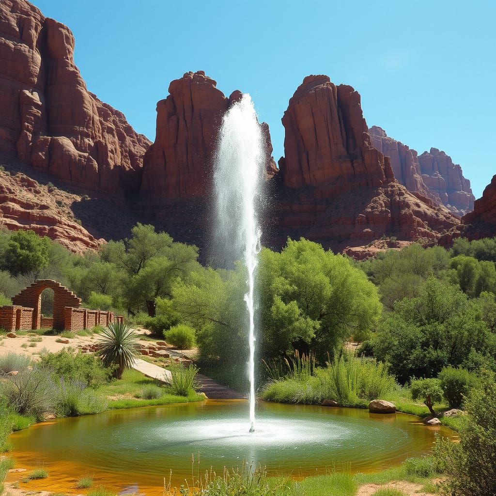 Verdant Oasis with Ancient Ruins and Red Cliffs