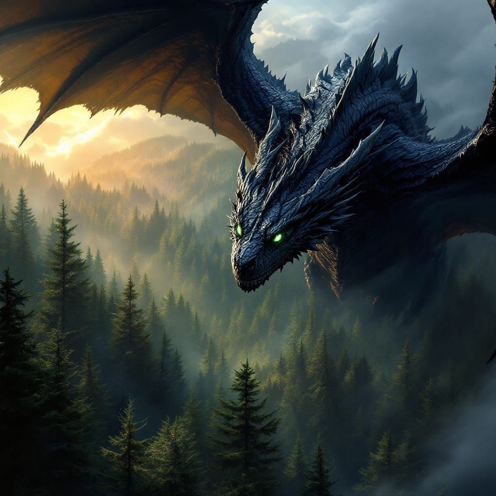 Colossal Black Dragon Soars Over Evergreen Forest