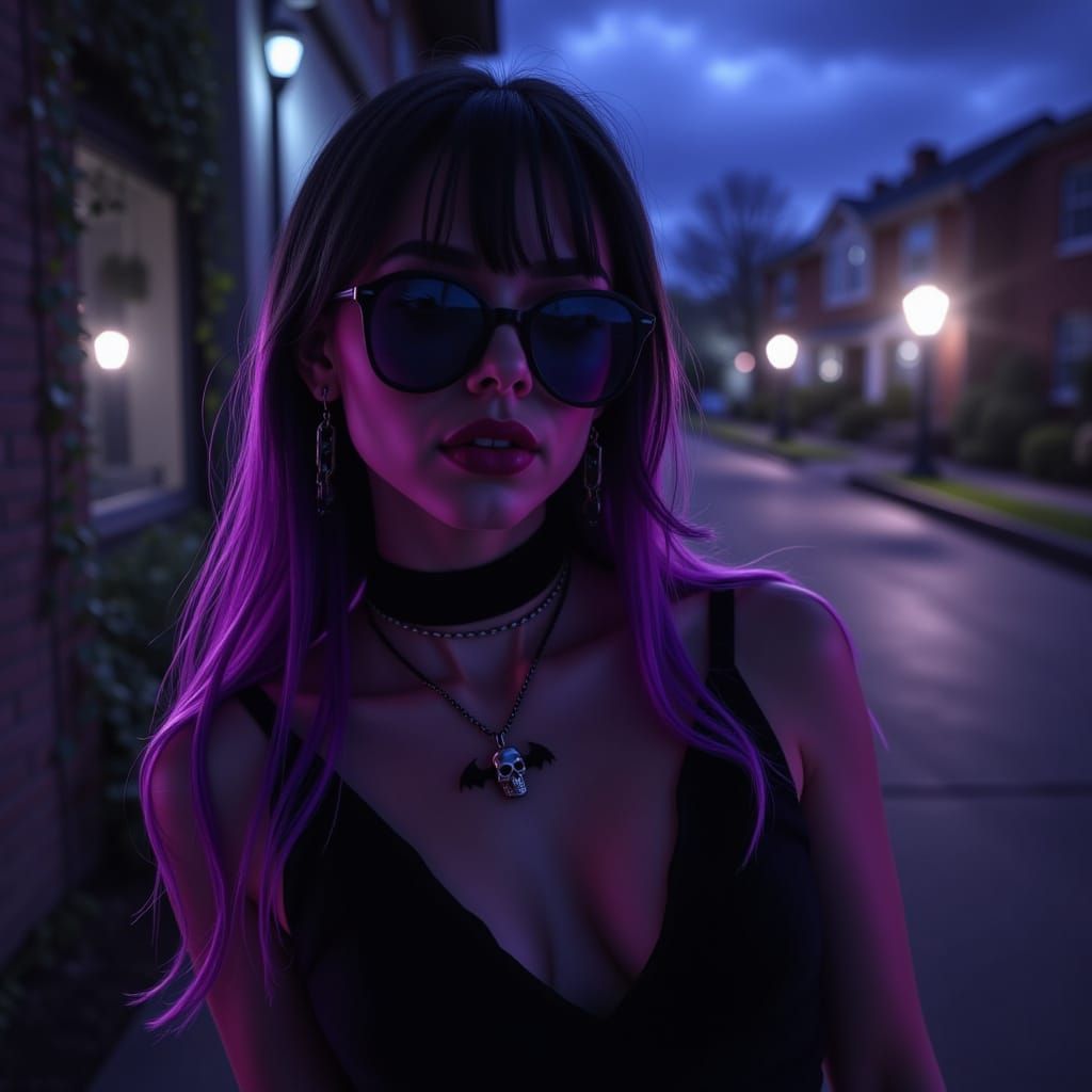 Gothic Woman with Purple Hair and Bat Sunglasses