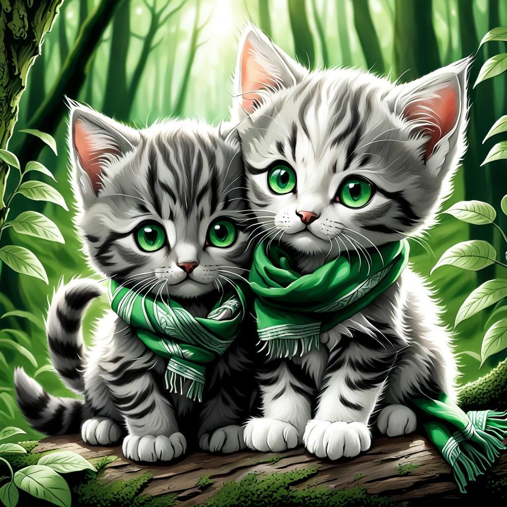 Cute Chibi Kittens Snuggling in Forest Drawing
