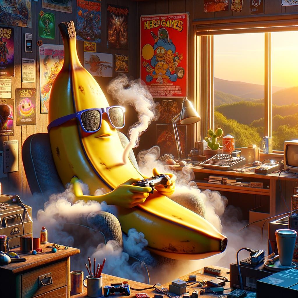 Tech-Enthused Banana Gamer in Nerdy Room, Hyperrealistic Con...