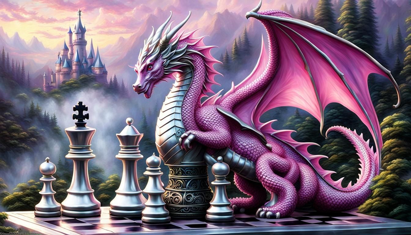 Pink Dragon and Chess Queen in Ethereal Fantasy