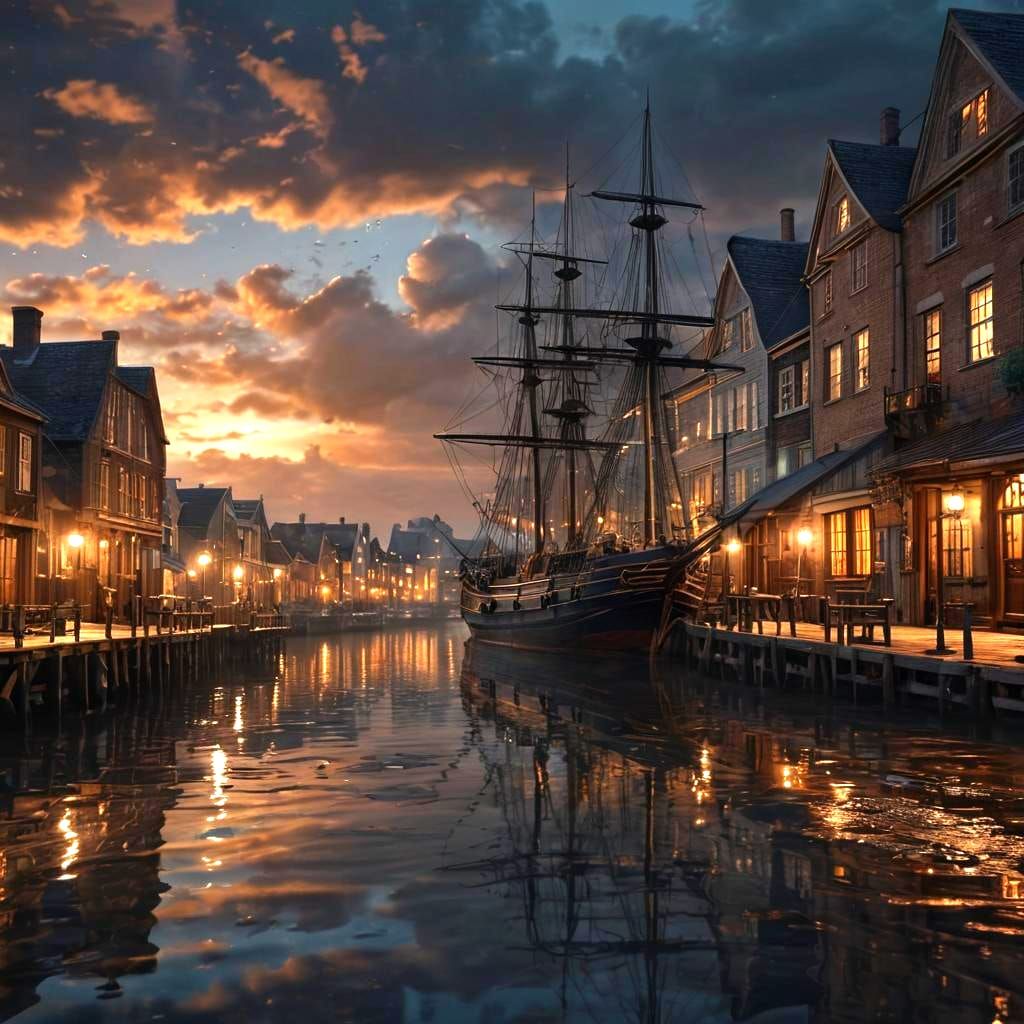 Vintage Port Town Under Galaxy Sky