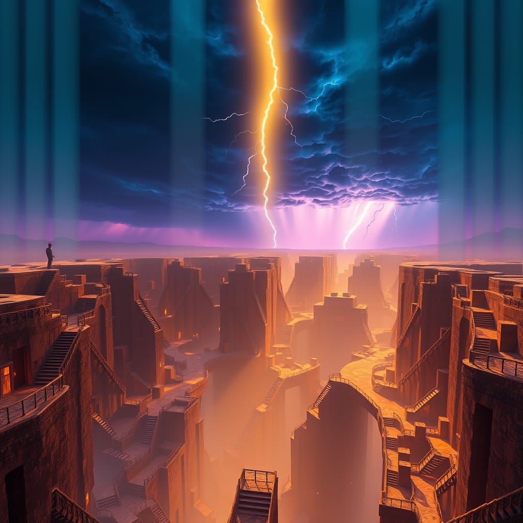 Vast Bottomless Abyss Moebius warm colors contrasting colors tetradic colors surrealism volumetric lighting shadow depth...