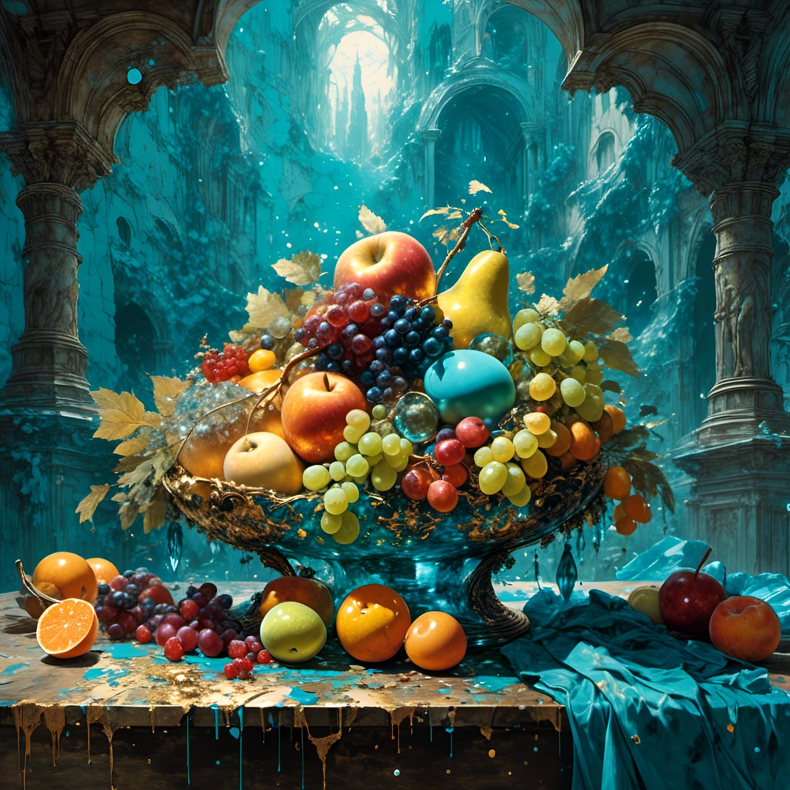 Crystallized Cornucopia with Shiny Fruit in Graffiti Style