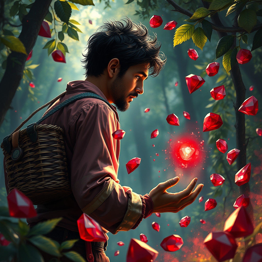 Man Collecting Floating Rubies in Hyperrealistic Style