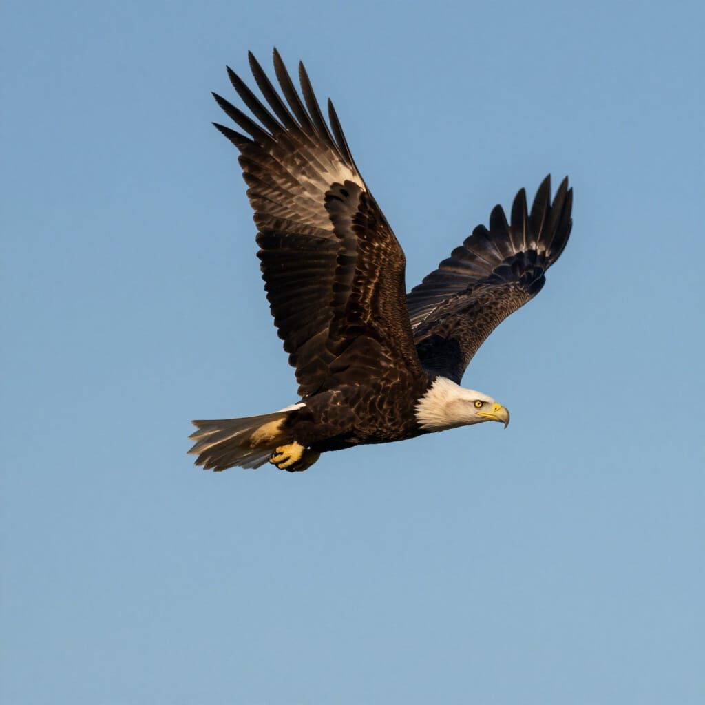 Majestic Bald Eagle Gliding in Golden Hour Sky