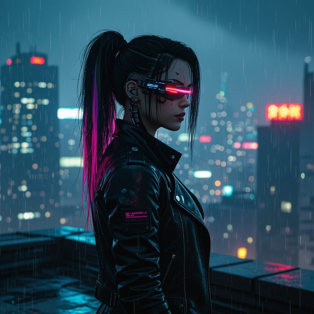 Cyberpunk Woman Gazing Over Future Cityscape