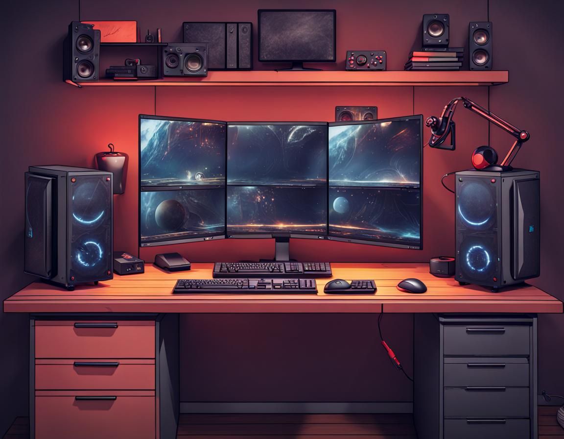 Gaming PC Setup with Multiple Monitors in Cozy Office