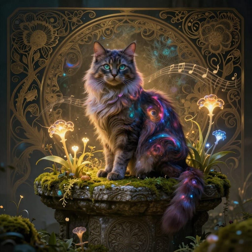 Mystical Cat on Ancient Altar in Ethereal Glow