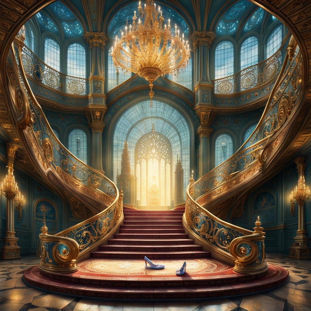 Golden Floating Staircase with Glass Slipper