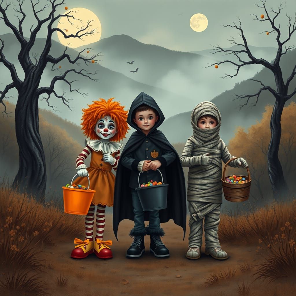 Halloween Trick-or-Treaters in Spooky Autumn Landscape
