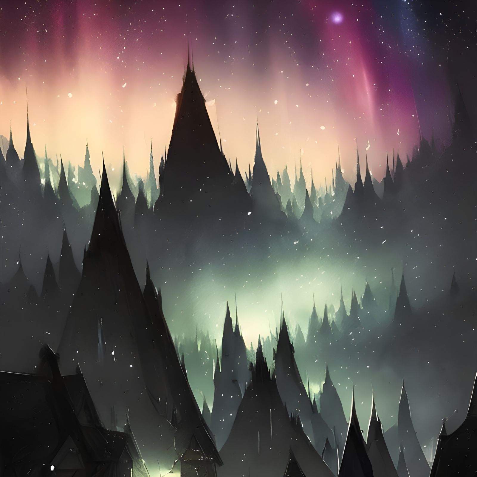 Aurora Borealis Over Village in Watercolor Fantasy Art