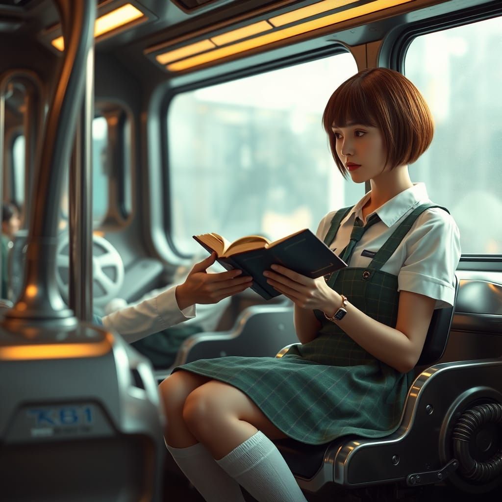 Schoolgirl in Futuristic Bus with Sci-Fi Details and Ambient...