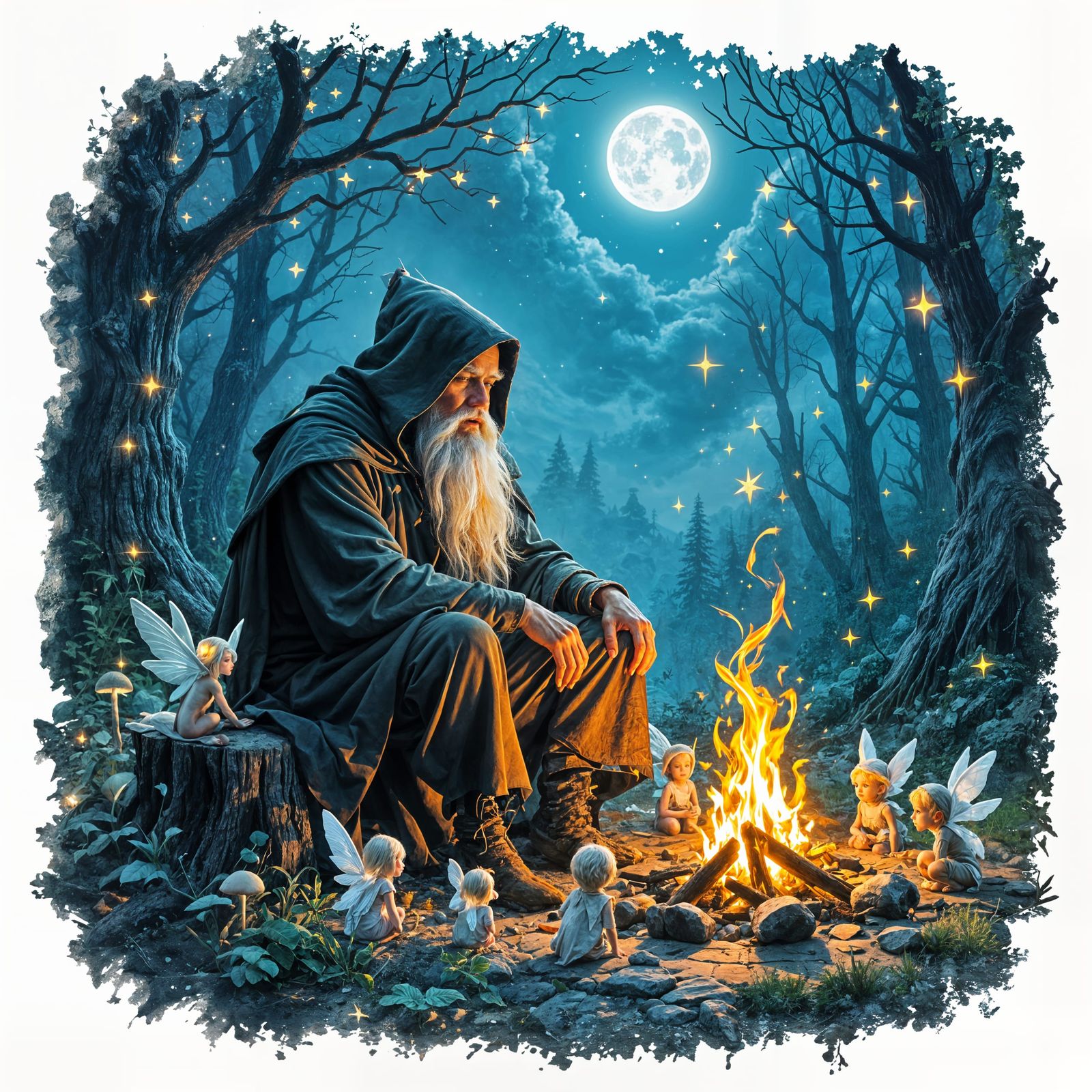 Old Elf Tells Stories to Pixies by Campfire in Ethereal Fore...
