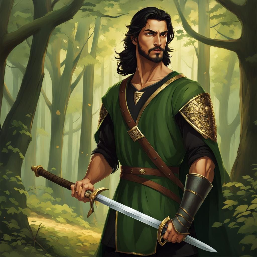 Medieval Man with Golden Sword in Forest