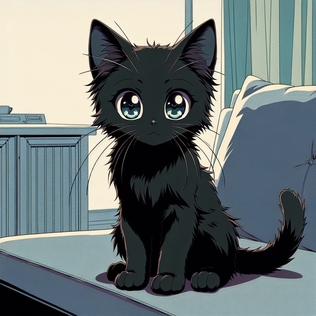 Anime-Style Black Kitten on Couch