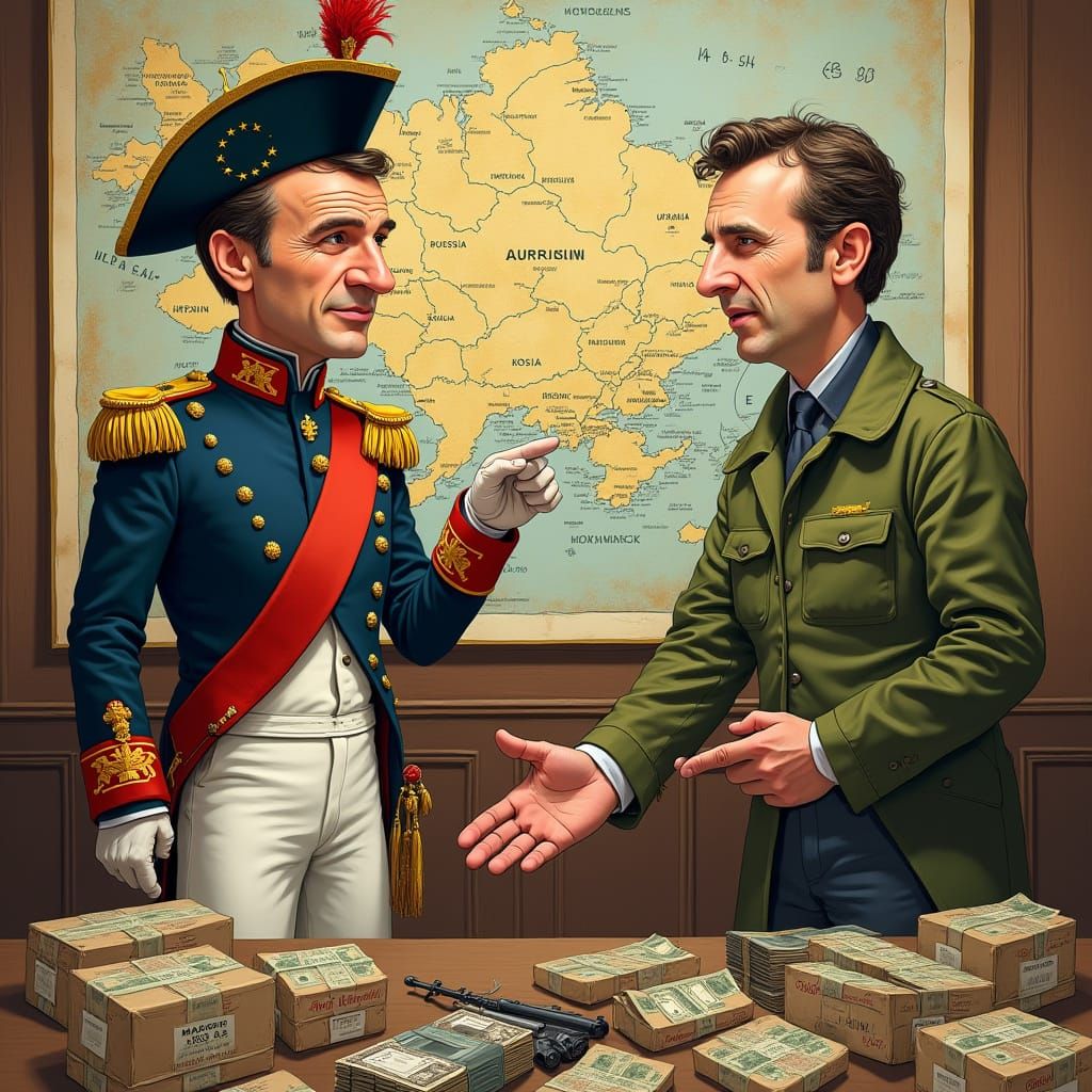 Satirical Caricature of Macron and Zelenskyy in Historical N...