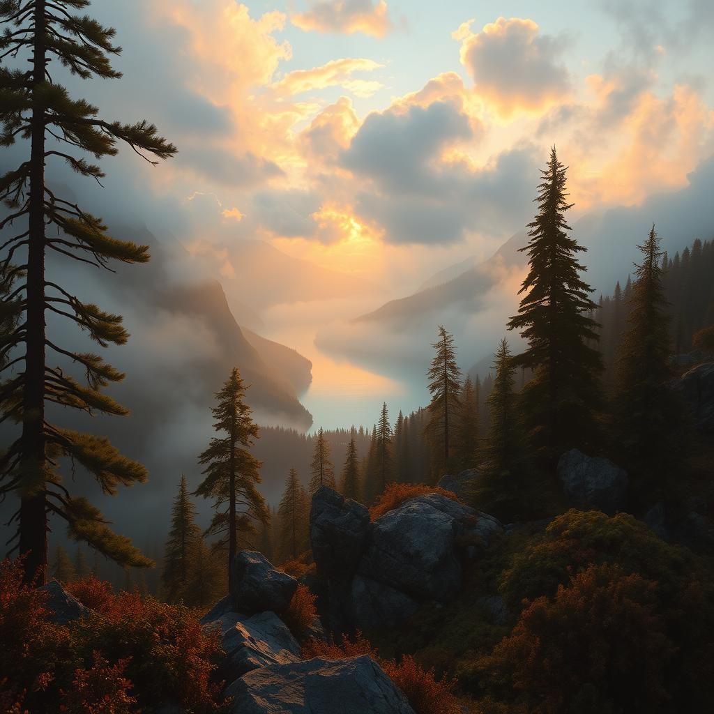 Golden Sunset Over Misty Mountain Landscape