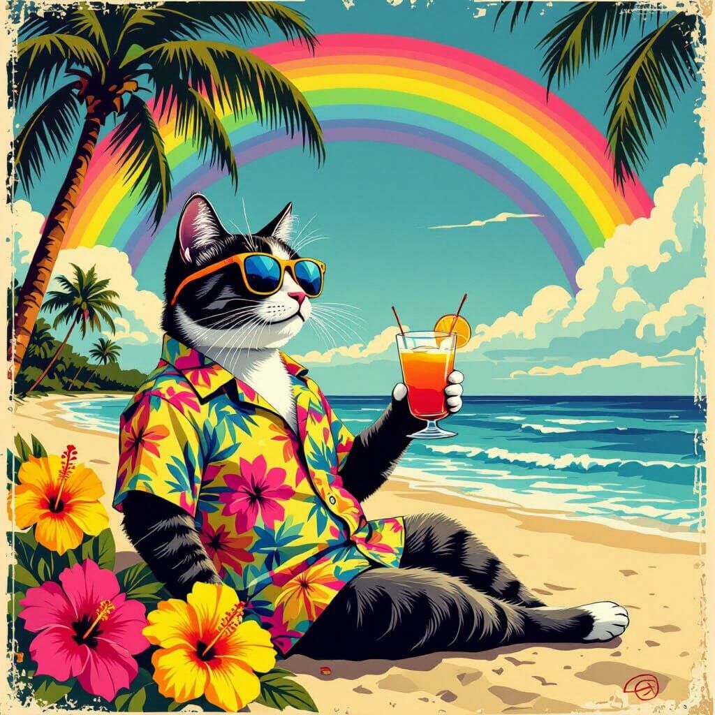 Cat on Miami Beach with Rainbow, Vintage Poster Art