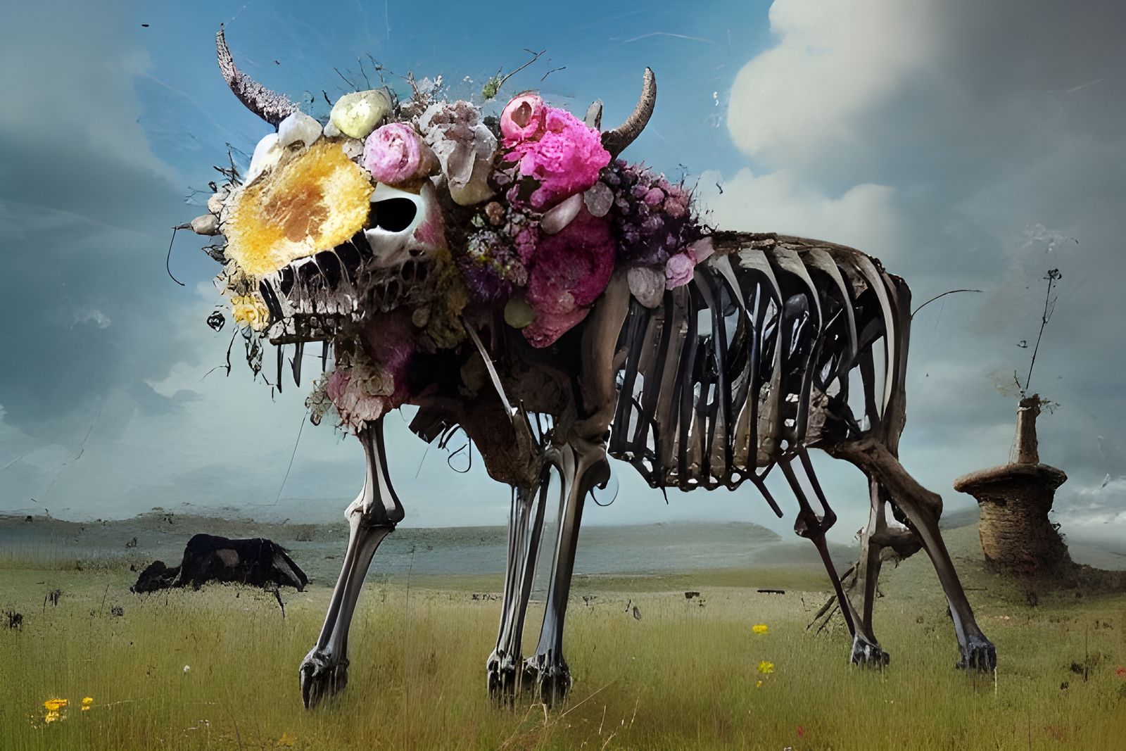 Cow Skeleton Engulfed by Flowers: Hyperrealistic Illustratio...