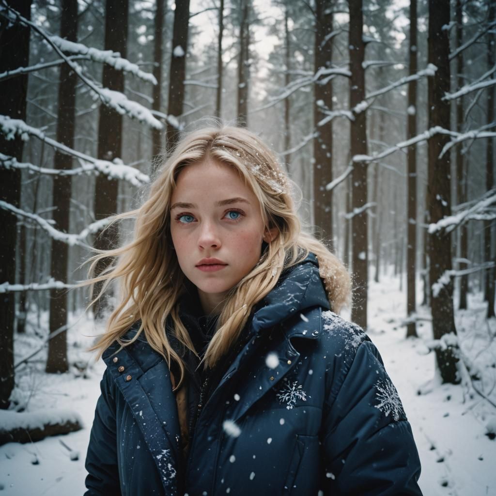 Girl in Snowy Forest Cinematic Film Still