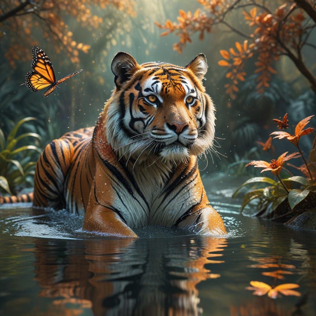 Tiger with Butterfly Wings Drinks from Ethereal Pool