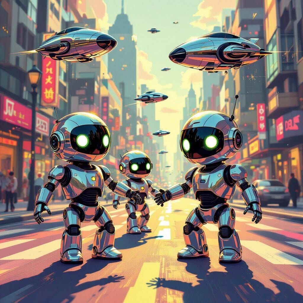 Robot Children Play In Retro-Futuristic City