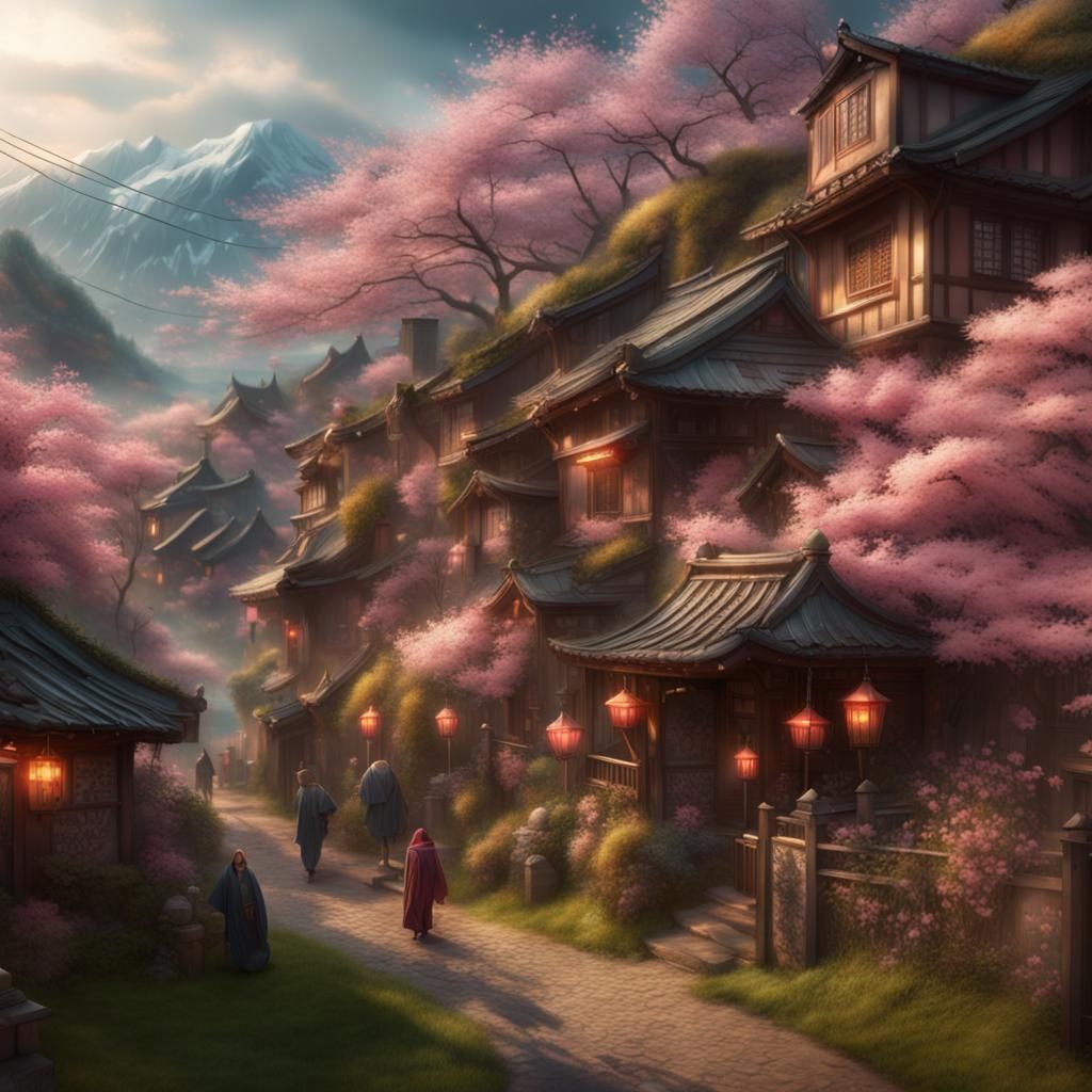 Cherry Blossom Village: Epic Digital Matte Painting