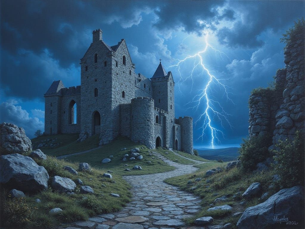 Ruined Castle in Stormy Weather, Oil Painting