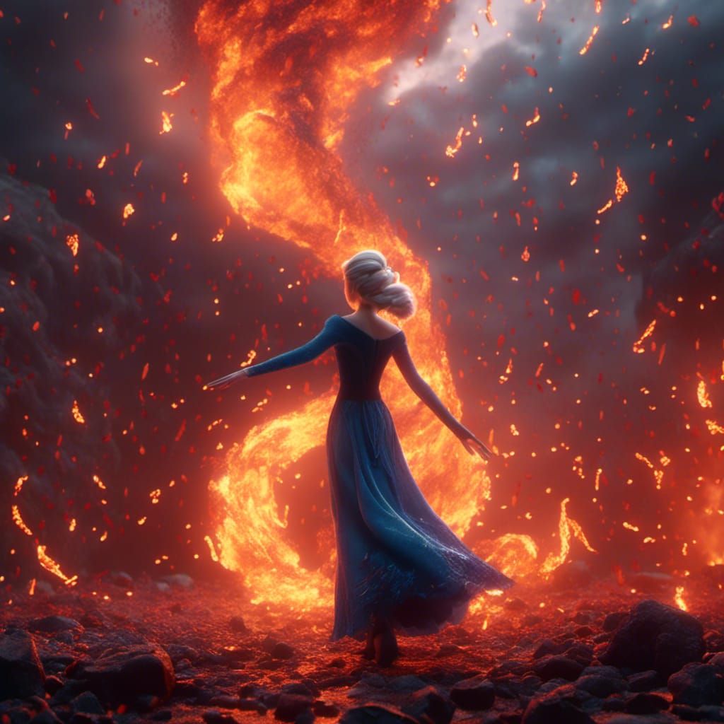 Elsa Dances in Fiery Tornado: Detailed Matte Painting