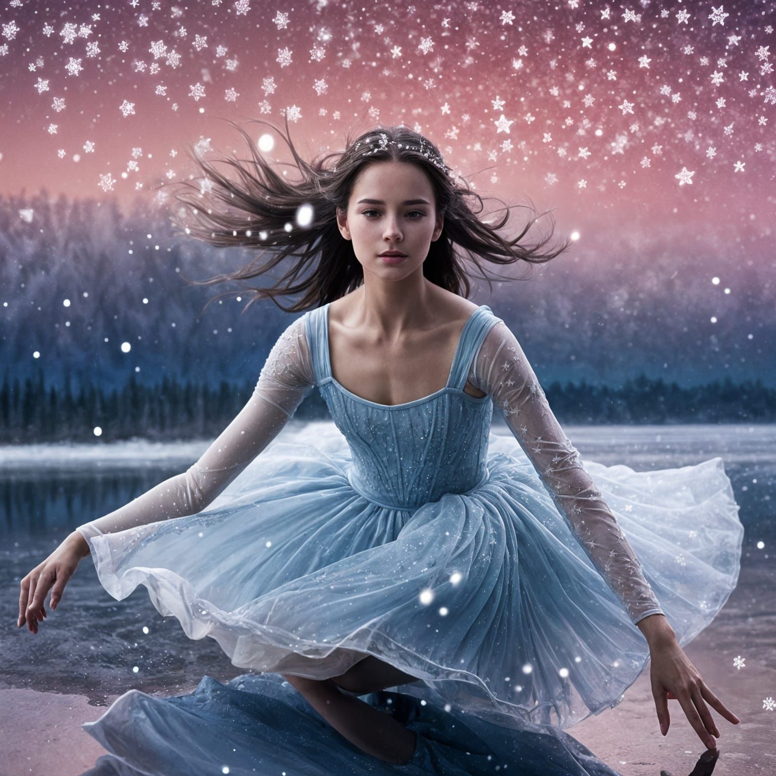 Ballet Dancer on Frozen Lake at Twilight in Anime Style