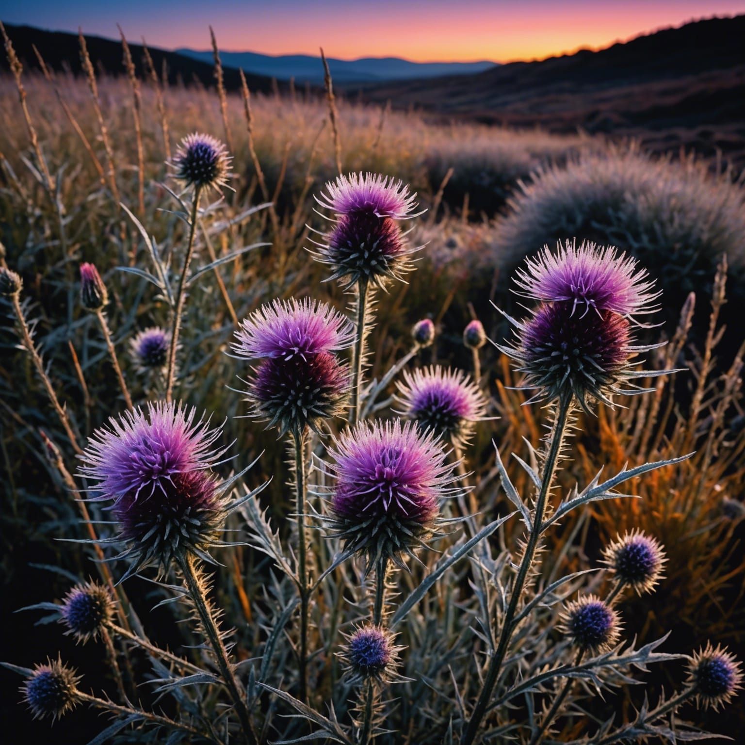 Glistening Thistles and Autumn Grasses at Night