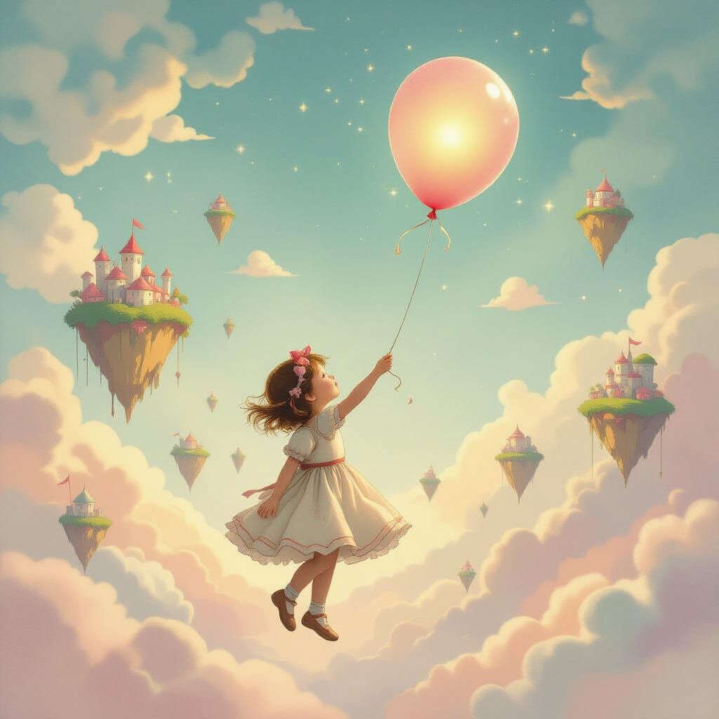 Girl Ascends on Balloon in Surreal Dreamscape
