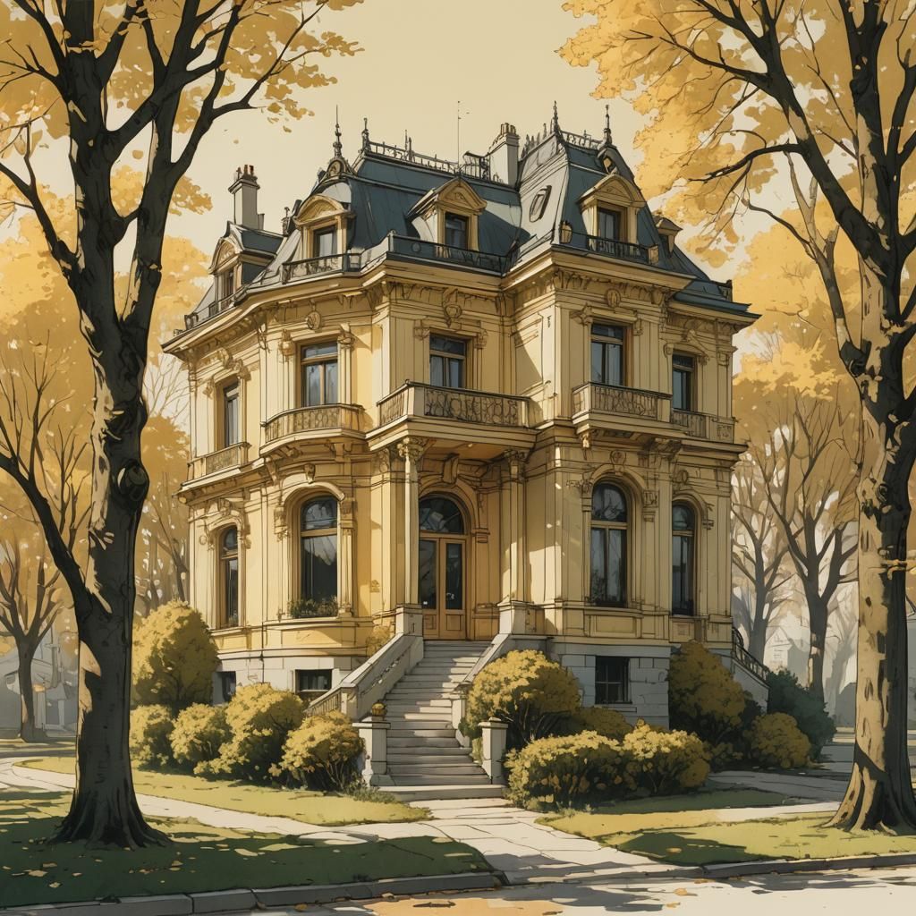 Neoclassical House in Gold, Aetherpunk Style