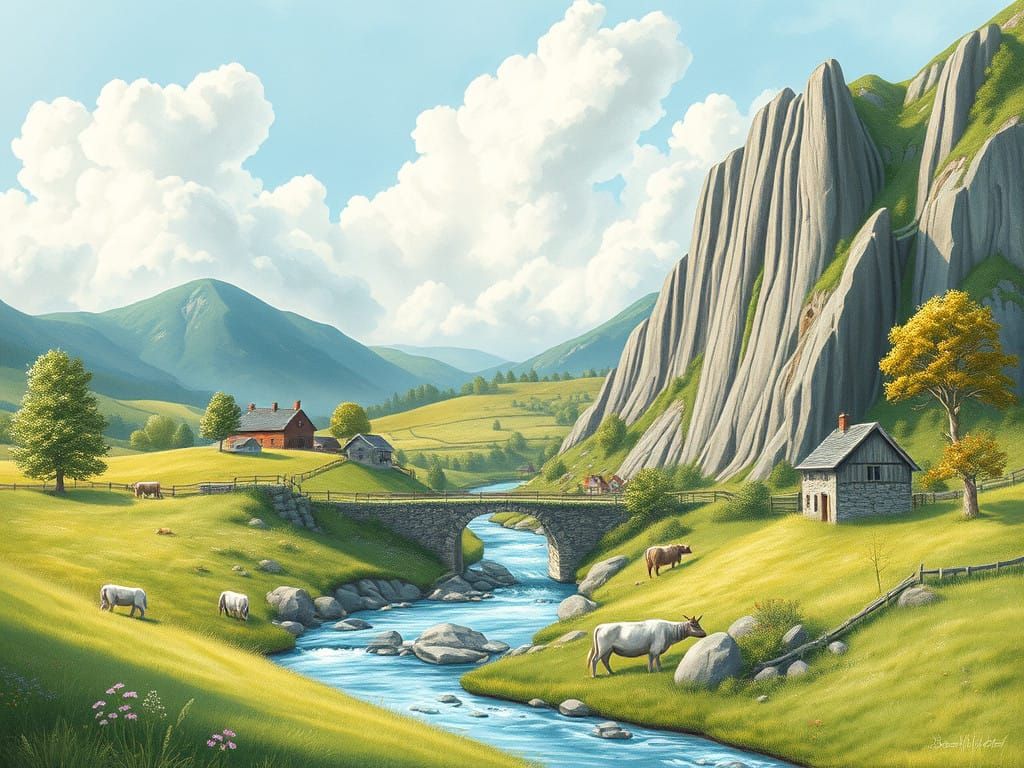 Serene Pastoral Scene in Soft Watercolor Style