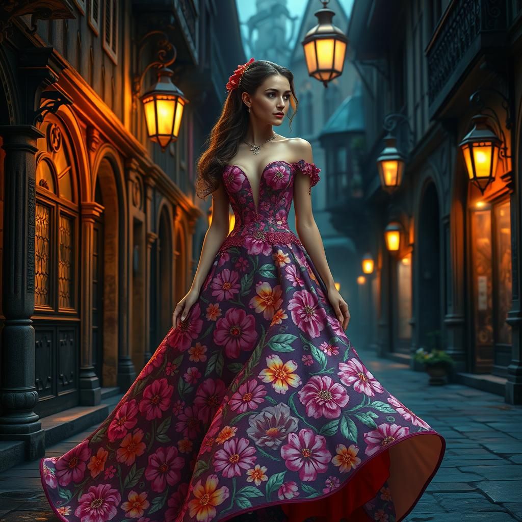 Regal Woman in Flowing Gown on Mystical Street