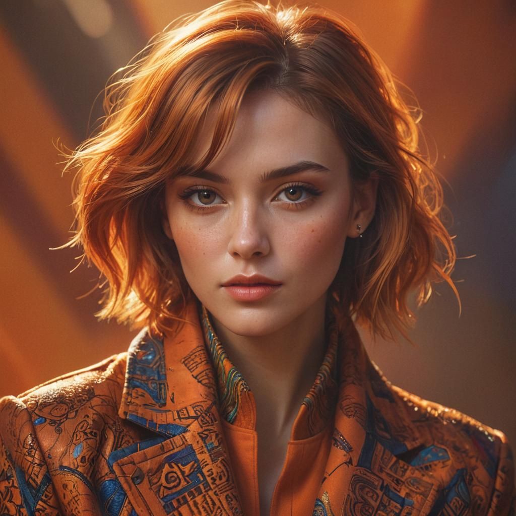 Woman in Orange Jacket: Hyper-Realistic Digital Portrait