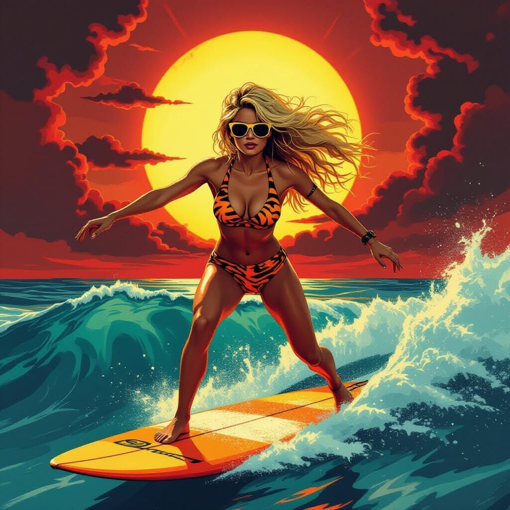 Punk Surfer Girl Under Dramatic Red Sky