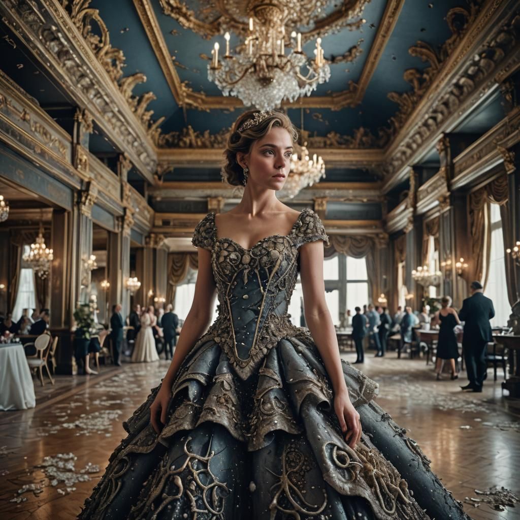 Barnacle Dress in Ballroom, Hyperrealistic Image