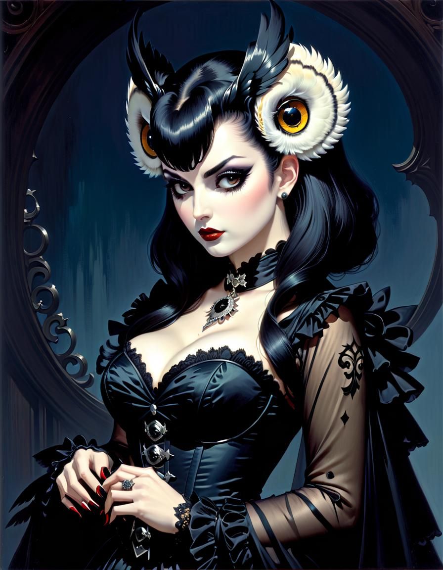 Owl Girl Pinup in Horrorcore Anime Rococo Goth