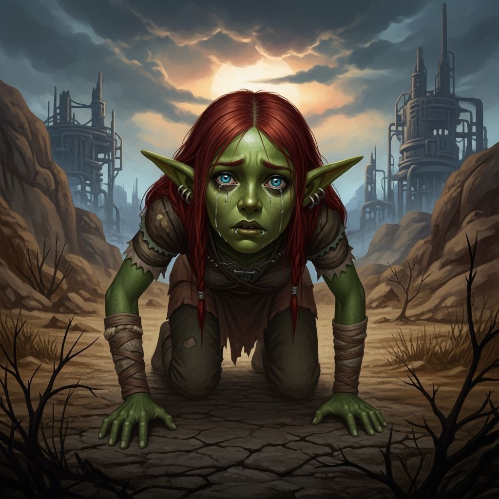 Goblin Girl Crying in Desolate Landscape