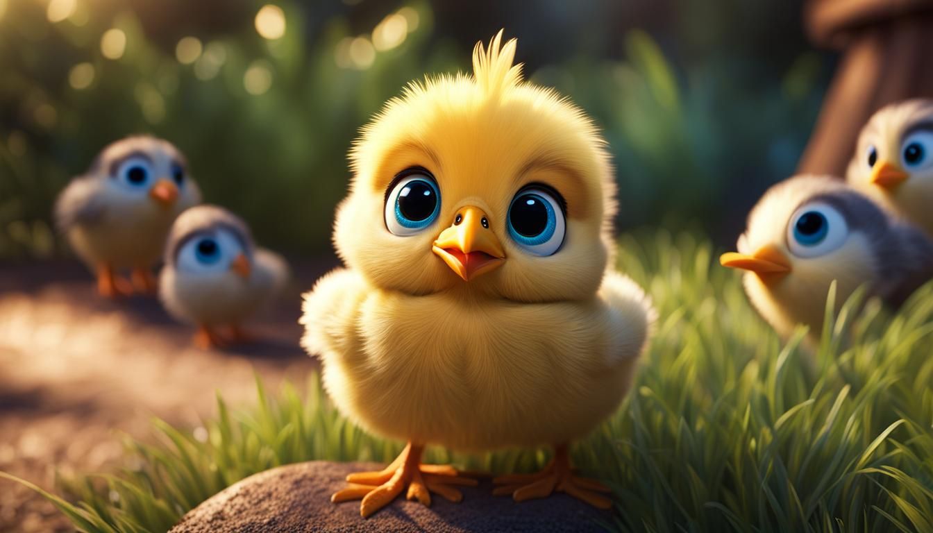 A Disney Pixar style baby chick, Posing and looking into the camera.